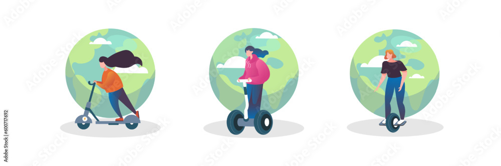 Two wheeled and single wheeled eco transport vector set Two wheeled and single wheeled eco transport vector set