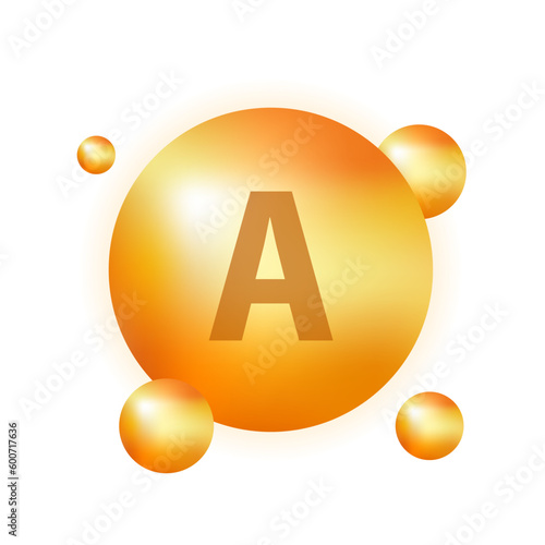 Vitamin A golden shiny pills capsules icon. Vitamin complex with chemical formula, retinol retinol, retina, beta-carotene. Shining golden drop substance. Meds for heath ads. Vector illustration