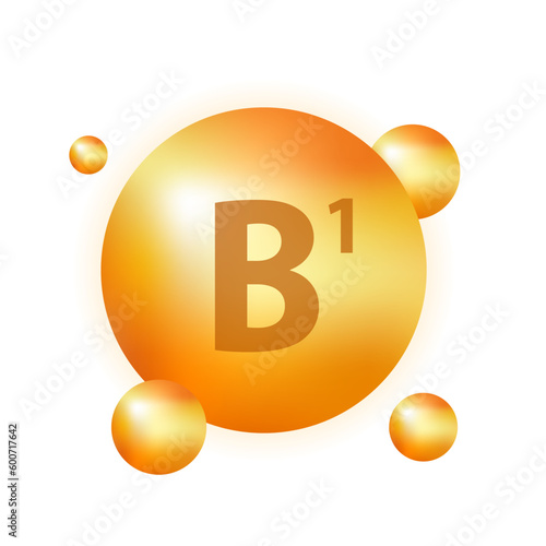 Vitamin B1 isolated on white. Medicine health symbol of thiamine. Natural chemical b1 vitamin. Pill capsule. Nutrition skin care. Beauty and health concept. Meds for heath ads. Vector illustration