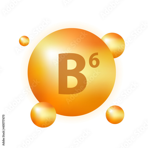 Vitamin b6 pill icon. Pyridoxine nutrition care. Gold drop essence. Isolated golden vector symbol of b6 vitamin medicine. Meds for heath ads. Beauty and health concept. Vector illustration