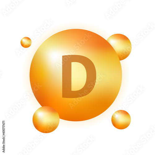 Vitamin D gold pill icon. Vitamin D yellow shining capsule. Medicine advertising. Beauty treatment nutrition skin care design. Beauty and health concept. Golden substance drop. Vector illustration