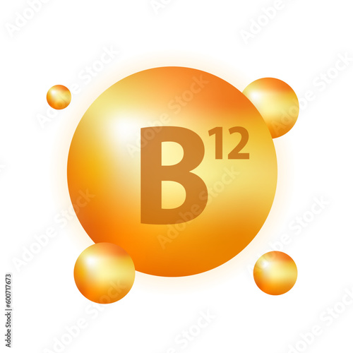 Vitamin B12 gold pill icon. Vitamin complex with B group, cyanocobalamin, hydroxocobalamin medicine. Beauty treatment nutrition skin care design. Beauty and health concept. Vector illustration