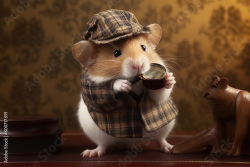 Elementary, my dear Watson! A comical portrait of a hamster dressed as detective, with pipe and magnifying glass, set against an intriguing mystery scene or old-fashioned study