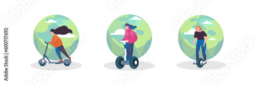Two wheeled and single wheeled eco transport vector set