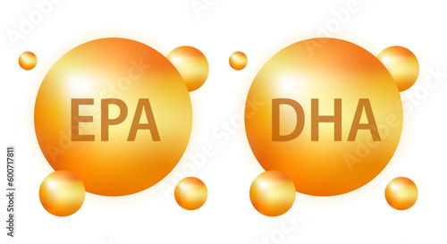 Vitamin complex EPA DHA realistic icon, tablet capsule. Vitamin shining pill capsule icon. Shining golden substance drop. Meds ads. Beauty treatment nutrition skin care design. Vector illustration