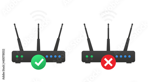 No connection server or internet. Check and cross marks isolated on white background. Yes or no. Approved. No signal internet. Bad antenna. The Wi-Fi router is not working. Vector illustration