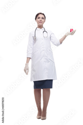 female doctor with a laboratory flask in her hands.