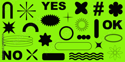 Shape set y2k style for banner.  Simple shapes. Y2k aesthetic. Shape set y2k style for decoaration. Shape set y2k style for poster. Trendy geometric forms. Trendy 90s.	