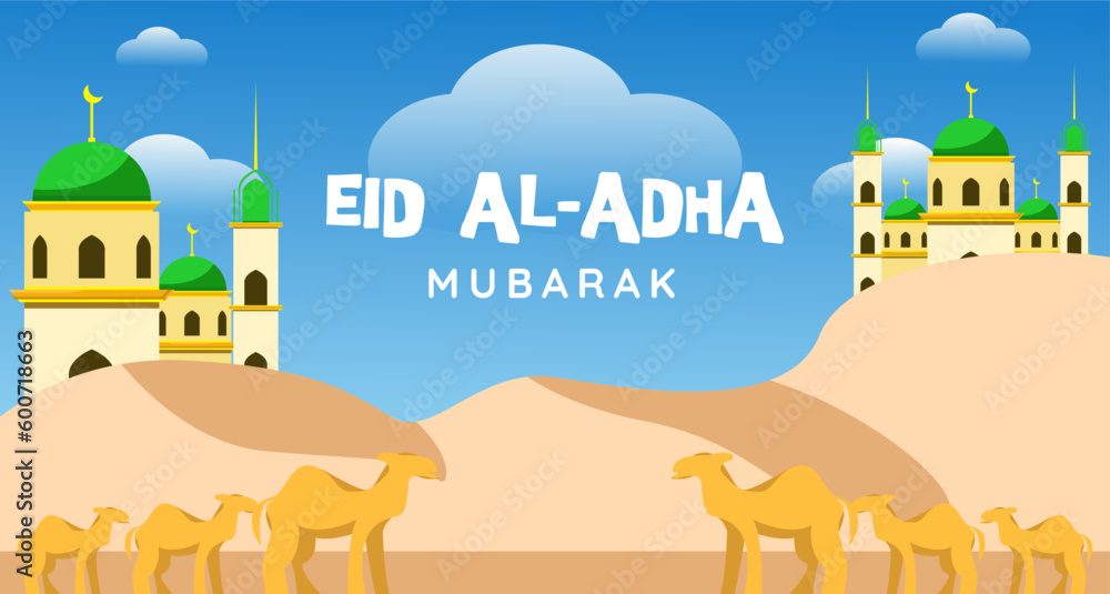 eid al adha, flat illustration design eid al adha greeting banner background with mosque decoration, camel animal in the desert