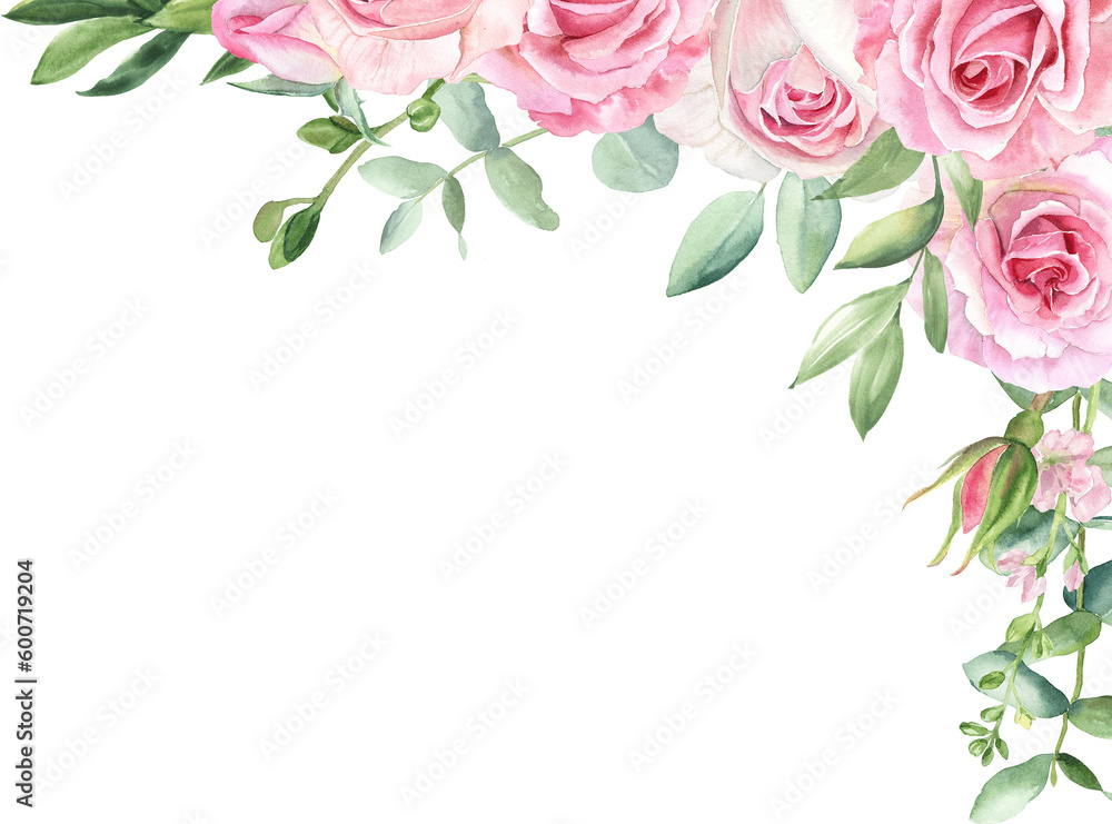 Watercolor flowers pink roses, Illustration hand painted. Floral corner ...