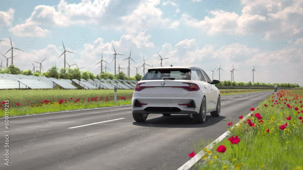 A generic electric car drives past the camera along a country road with solar panels and wind turbines in background. Green energy concept. Realistic high quality 3d rendering animation