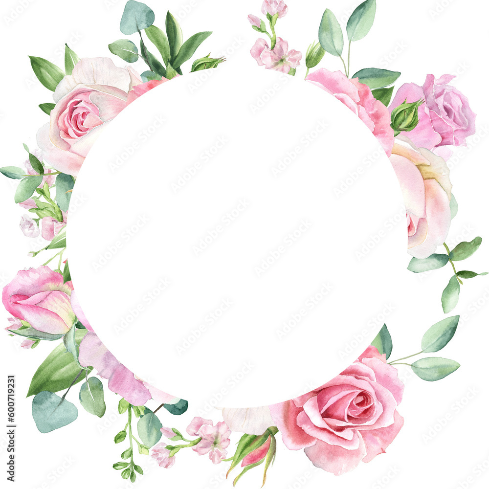 Watercolor flowers pink roses, Illustration hand painted. Floral frame PNG on transparent background. Perfectly for greeting card design.