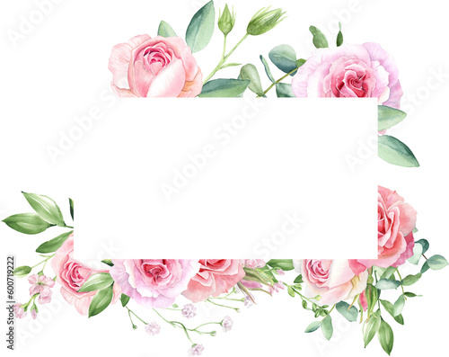 Watercolor flowers pink roses, Illustration hand painted. Floral frame PNG on transparent background. Perfectly for greeting card design.