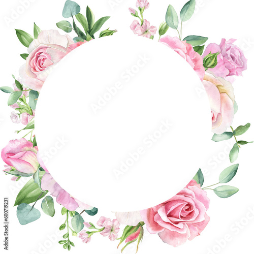Watercolor flowers pink roses  Illustration hand painted. Floral frame PNG on transparent background. Perfectly for greeting card design.