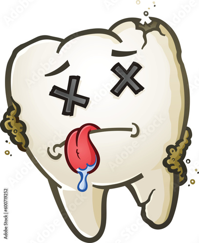 A dead tooth pulled out of somebody's rotting mouth with X's for eyes and his tongue sticking out and drooling cartoon character vector illustration