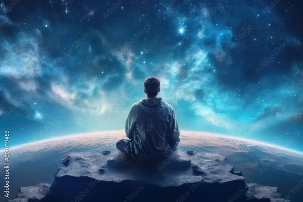 A man sits with his back in a pose of meditation on a mountain against the backdrop of space. AI generative.