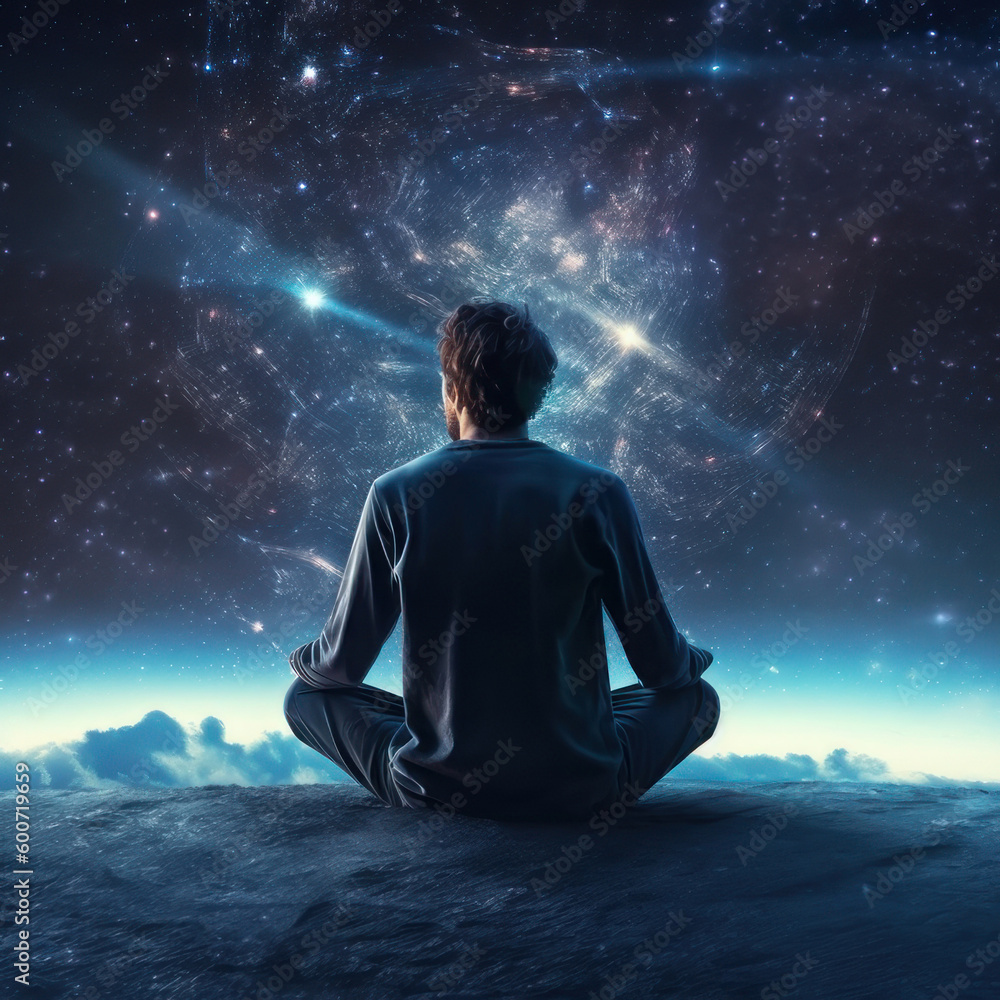 A man sits with his back in a pose of meditation against the backdrop of space. AI generative.