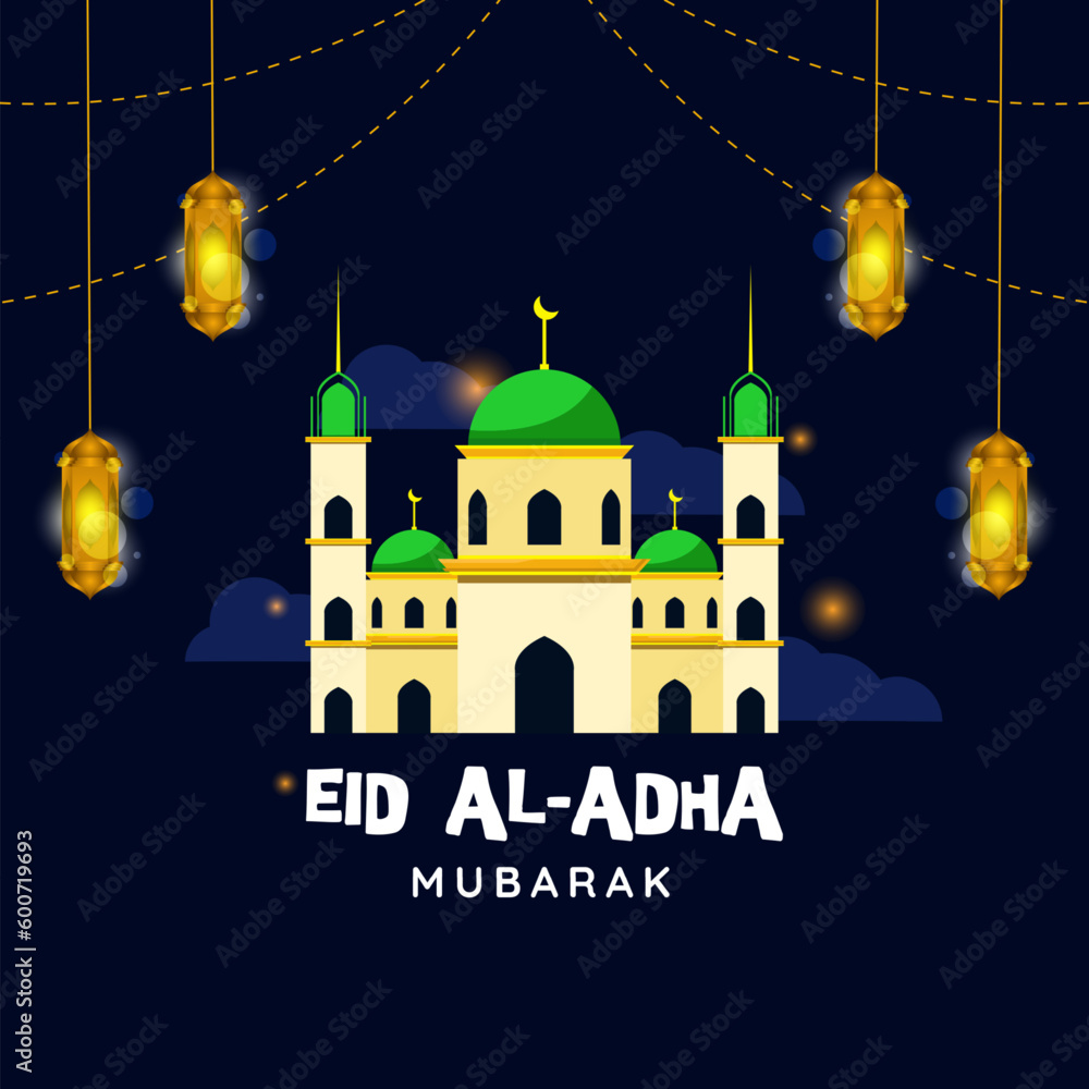 eid al adha, flat illustration design eid al adha greeting banner background with mosque decoration eid al adha, flat illustration design eid al adha greeting banner background with mosque decoration