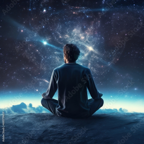 A man sits with his back in a pose of meditation against the backdrop of space. AI generative.