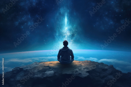 A man sits with his back in a pose of meditation in the mountains against the backdrop of space. AI generative.