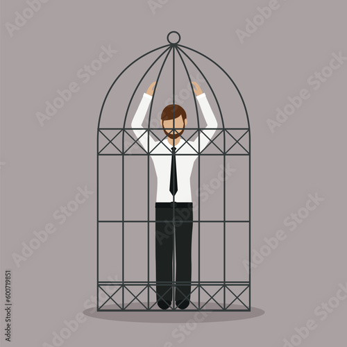 depressed business man stand inside a cage