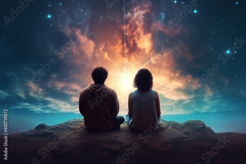 A woman and a man sit side by side against the background of the night sky. AI generative.