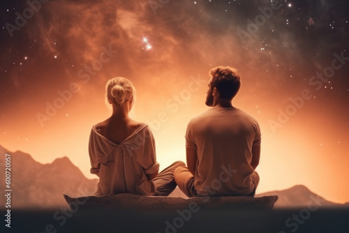 A woman and a man sit in a pose of meditation against the backdrop of space. AI generative.