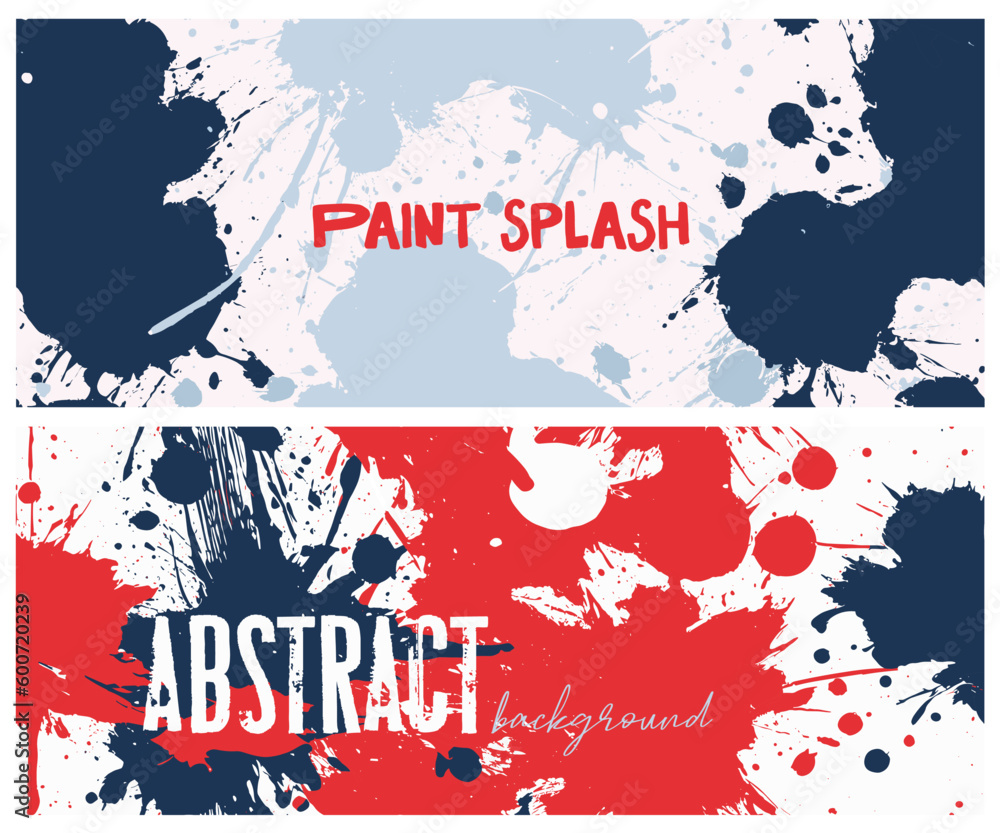 Grunge Abstract art vector background, cover template set. Blue, red and white. Panoramic horizontal Banners design with color ink paint splashes. Abstract illustration for prints,
