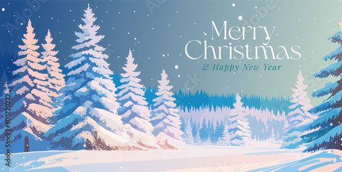 Merry Christmas, winter scenery, flat colors typography banner. Winter holidays background. Vector illustration for social, banner, invitation or card