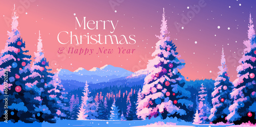 Merry Christmas, winter scenery, flat colors typography banner. Winter holidays background. Vector illustration for social, banner, invitation or card