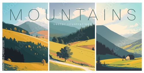 Mountain forest landscape collection, flat colors vertical poster. Mountain adventure and travel template design. Vector illustration