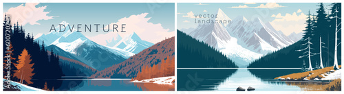 Epic scenery with Mountain forest and lake, flat colors panoramic banner. Winter adventures and vacations template design. Vector illustration