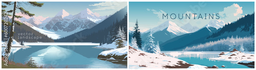 Epic scenery with Mountain forest and lake, flat colors panoramic banner. Winter adventures and vacations template design. Vector illustration