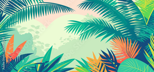 Colorful tropical forest landscape  flat colors panoramic banner. Tropical vacations template design. Vector illustration
