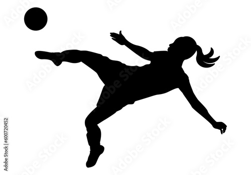 Icono negro de futbolista femenina lanzando el balón. Lanzamiento de balón por una jugadora de futbol