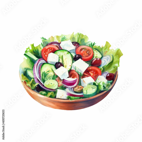 Watercolor hand painted Greek salad on a plate isolated on white background. Vector illustration