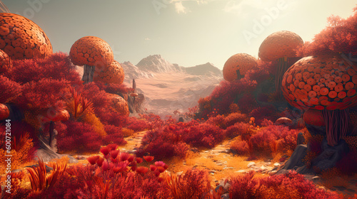 Red and orange landscape on alien planet. Generative AI image. 