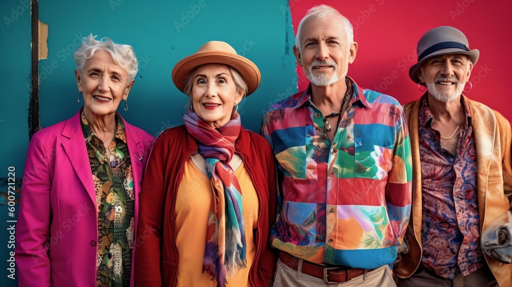 Group of stylish elderly people looking at the camera while standing together with confident poses and colourful clothing, Generative AI