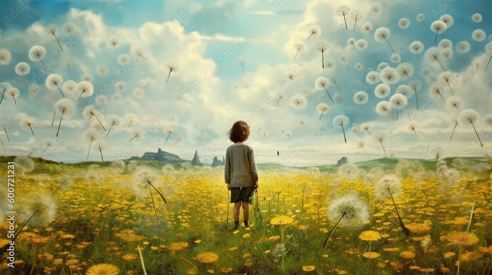 Fototapeta premium Young boy dreaming about windy dandelion field