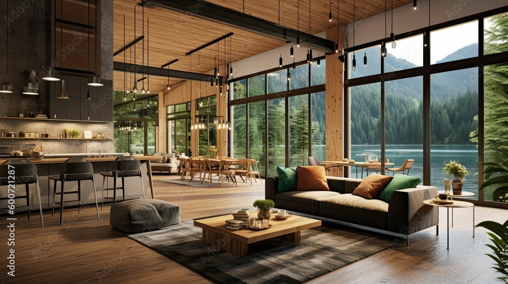 Fototapeta premium a modern and luxurious open-plan living room and kitchen interior with a view of a lake and alpine landscape, lodge style, AI rendered