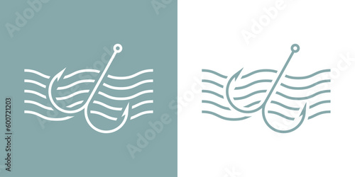 Logo de pesca. Anzuelo doble de pesca lineal con olas de mar