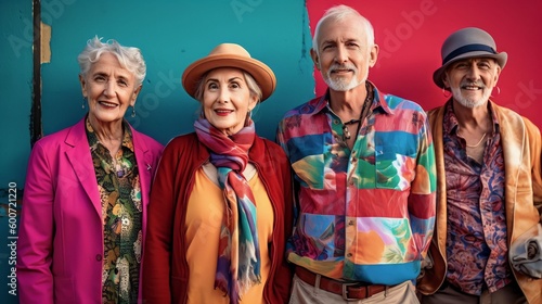 Group of stylish elderly people looking at the camera while standing together with confident poses and colourful clothing, Generative AI