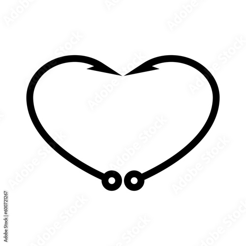 Logo i love fishing. Icono aislado con 2 anzuelos con forma de corazón