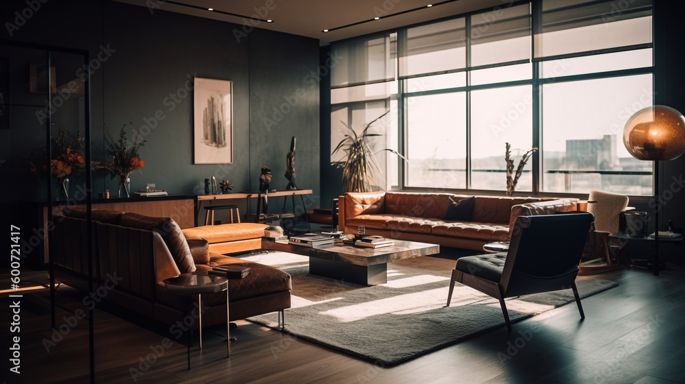 Interior of modern living room with brown leather sofa and coffee table, big windows, in the background a panorama of the city. Generative AI - obrazy, fototapety, plakaty 