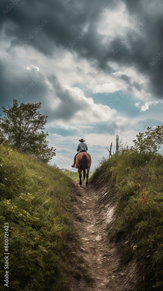 Riding a horse at the end of the road in the distance, Generative AI Riding a horse at the end of the road in the distance, Generative AI