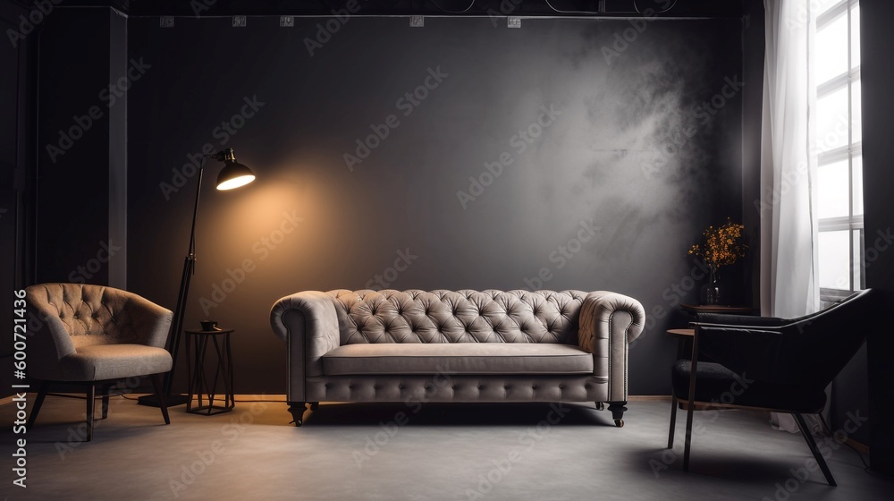 Empty wall, mockup, Interior of modern living room with gray walls, concrete floor, comfortable sofa and armchair. Generative AI. - obrazy, fototapety, plakaty 