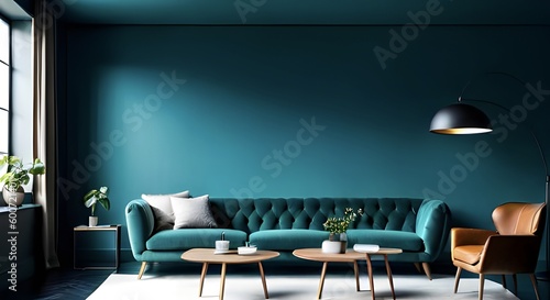 Empty wall, mockup. Interior of modern living room with turquoise walls, turquoise sofa, coffee table and armchairs. Generative AI.