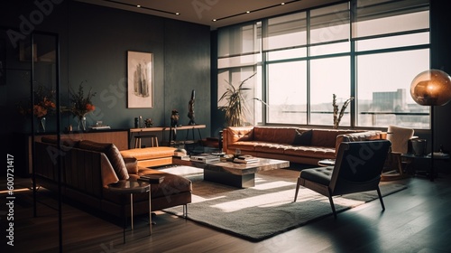 Interior of modern living room with brown leather sofa and coffee table, big windows, in the background a panorama of the city. Generative AI photo