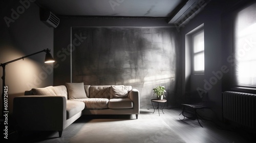 Empty wall, mockup, Interior of modern living room with gray walls, concrete floor, comfortable sofa and armchair. Generative AI.
