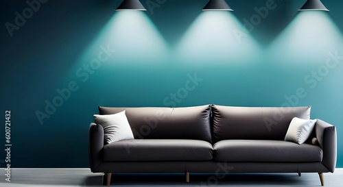 Empty wall, mockup. Interior of modern living room with blue walls, blue sofa, coffee table and armchairs. Generative AI.